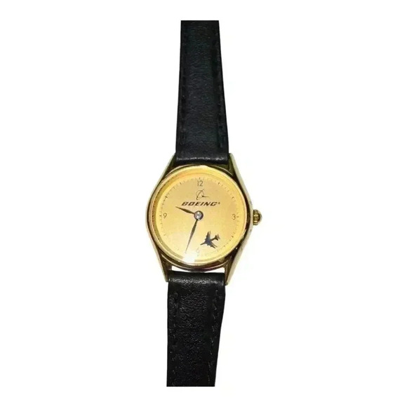 Vintage *READ* BD&A Boeing Airplane Watch Gold Tone Round Dial Leather Band - Picture 1 of 15